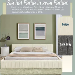 Redom Lit 140x200 cm en chenille beige avec plis décoratifs, structure bois d'eucalyptus et cadre métal solide* Lit Double