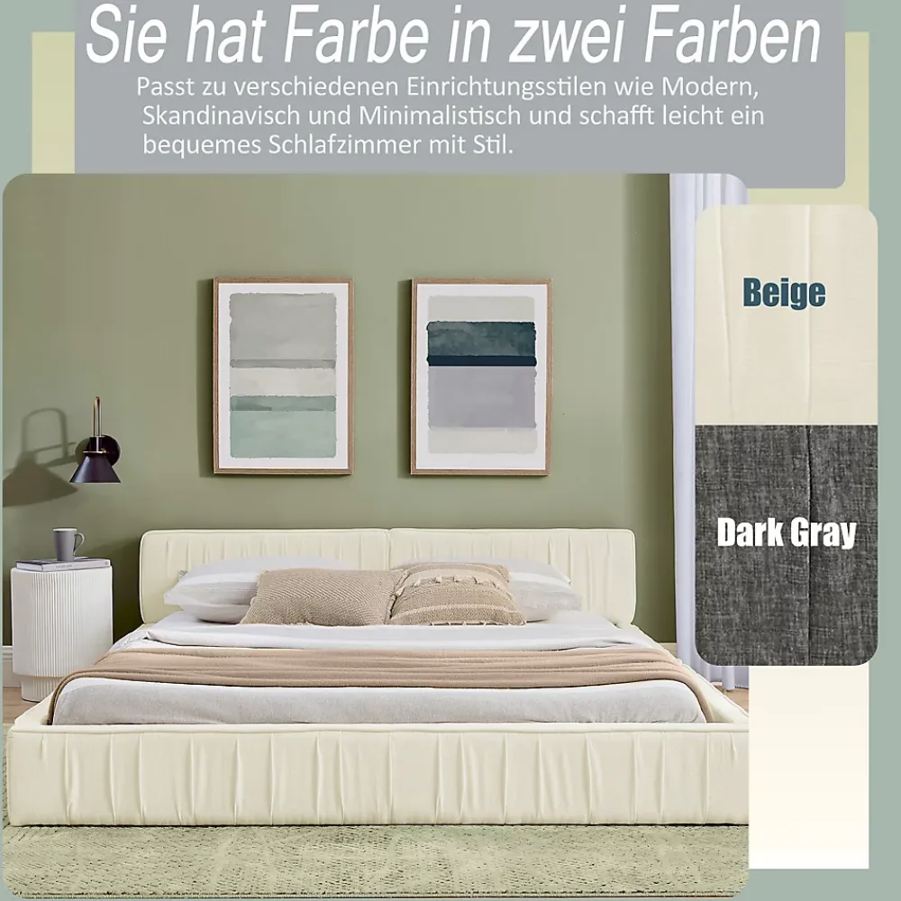 Redom Lit 140x200 cm en chenille beige avec plis décoratifs, structure bois d'eucalyptus et cadre métal solide* Lit Double