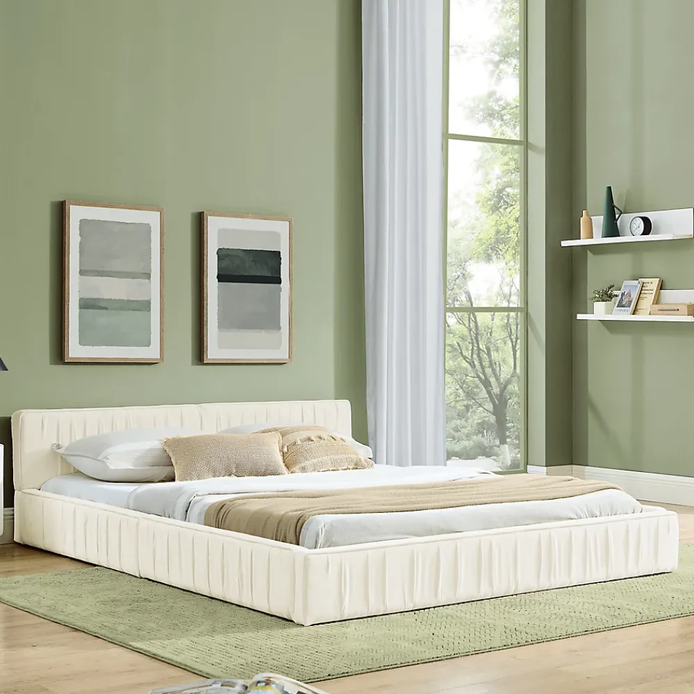 Redom Lit 140x200 cm en chenille beige avec plis décoratifs, structure bois d'eucalyptus et cadre métal solide* Lit Double