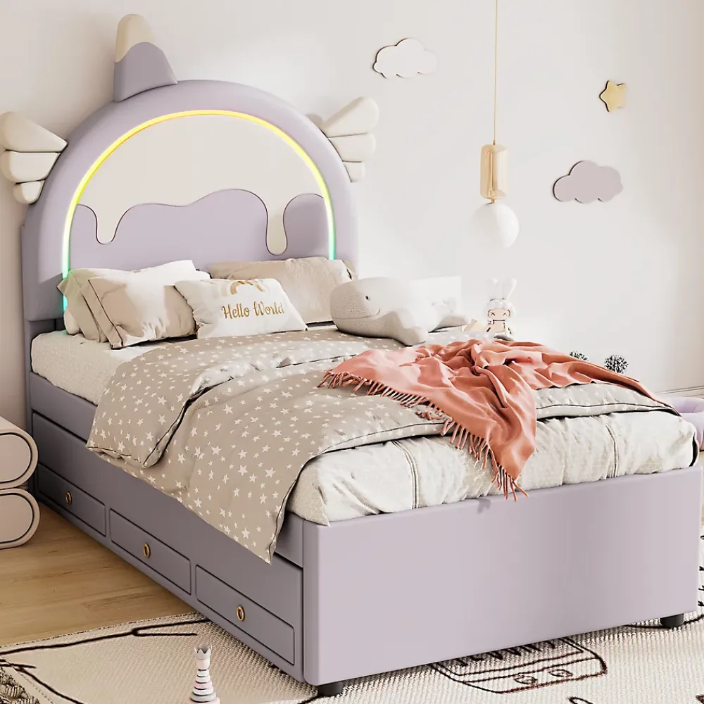 Redom Lit 90x200 cm en forme de licorne avec tête de lit en PU et tiroir gigogne, style enfant violet, MDF robuste* Lit Gigogne