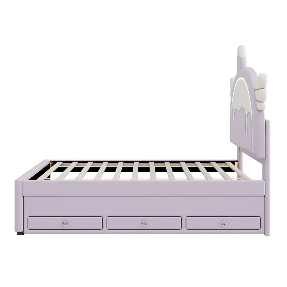 Redom Lit 90x200 cm en forme de licorne avec tête de lit en PU et tiroir gigogne, style enfant violet, MDF robuste* Lit Gigogne