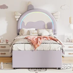 Redom Lit 90x200 cm en forme de licorne avec tête de lit en PU et tiroir gigogne, style enfant violet, MDF robuste* Lit Gigogne
