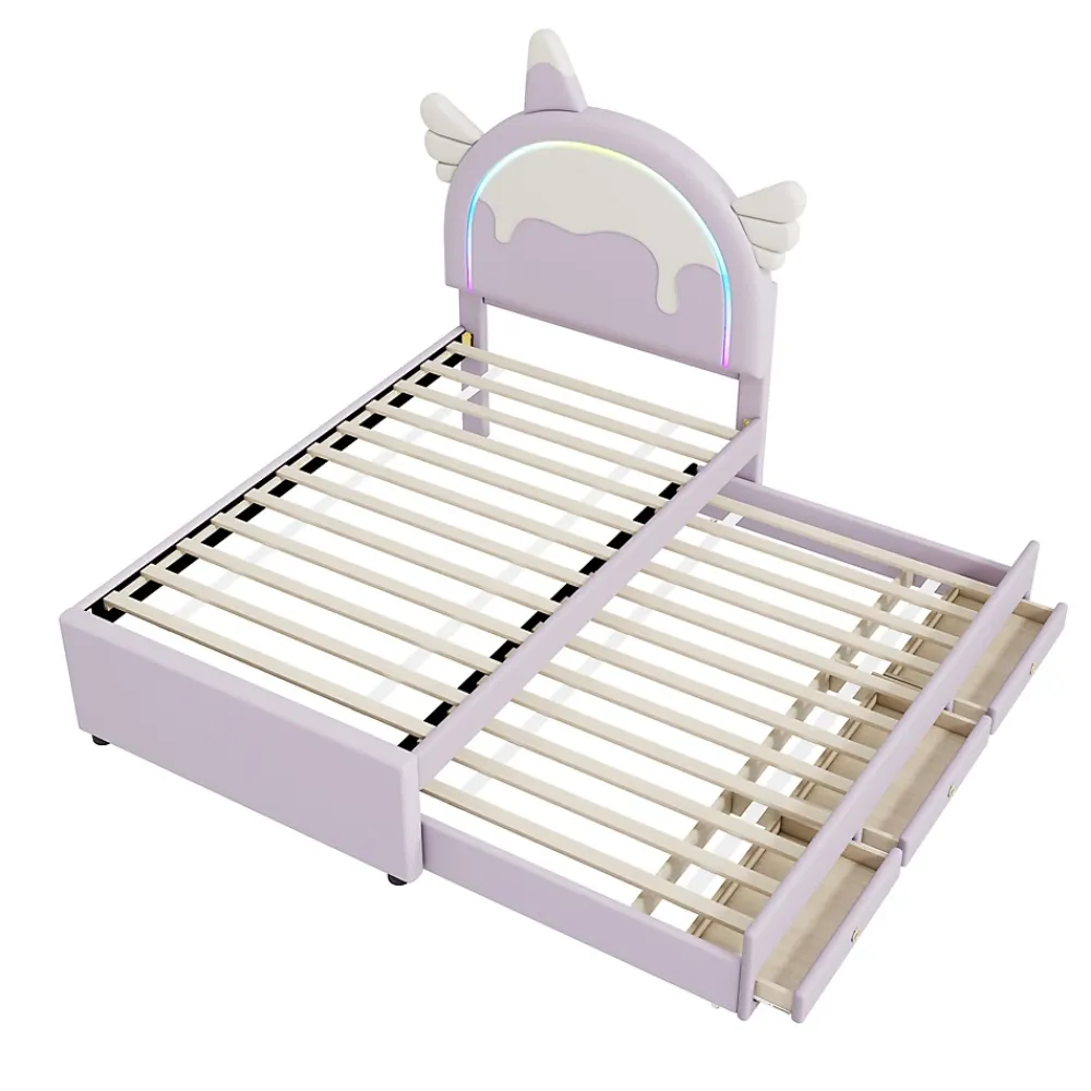 Redom Lit 90x200 cm en forme de licorne avec tête de lit en PU et tiroir gigogne, style enfant violet, MDF robuste* Lit Gigogne