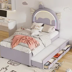 Redom Lit 90x200 cm en forme de licorne avec tête de lit en PU et tiroir gigogne, style enfant violet, MDF robuste* Lit Gigogne