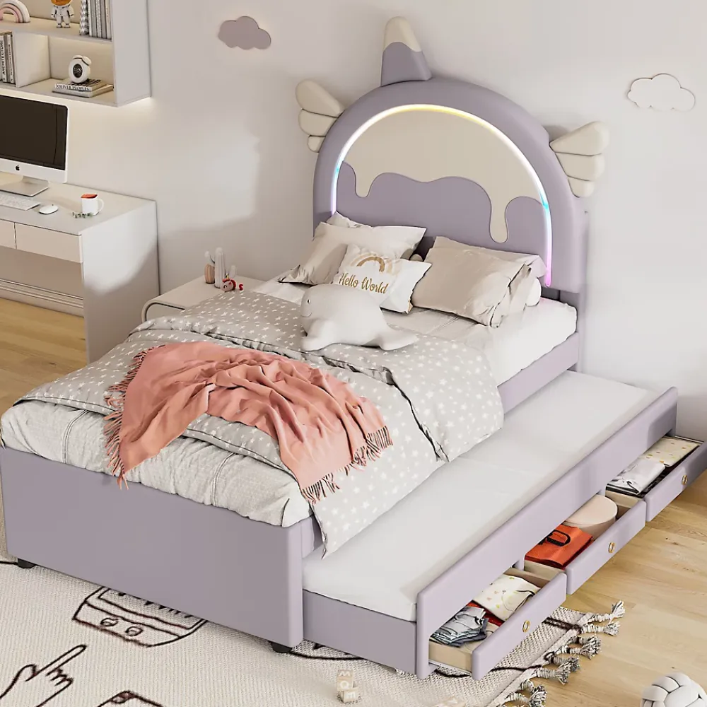Redom Lit 90x200 cm en forme de licorne avec tête de lit en PU et tiroir gigogne, style enfant violet, MDF robuste* Lit Gigogne