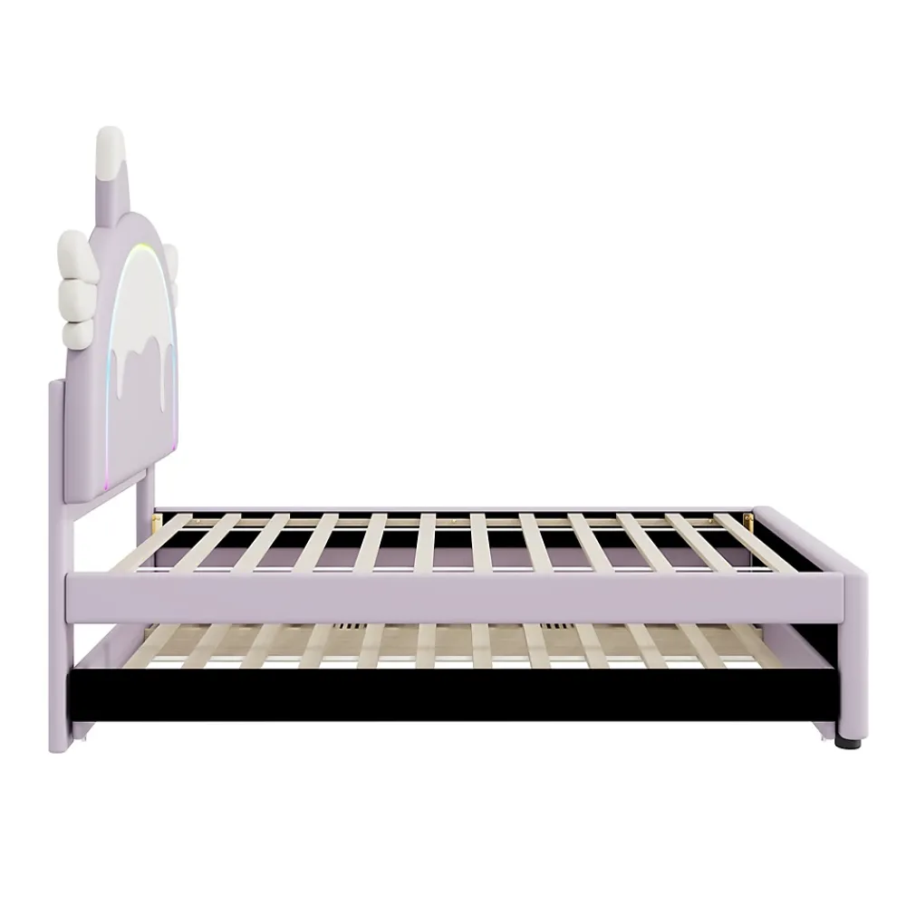 Redom Lit 90x200 cm en forme de licorne avec tête de lit en PU et tiroir gigogne, style enfant violet, MDF robuste* Lit Gigogne