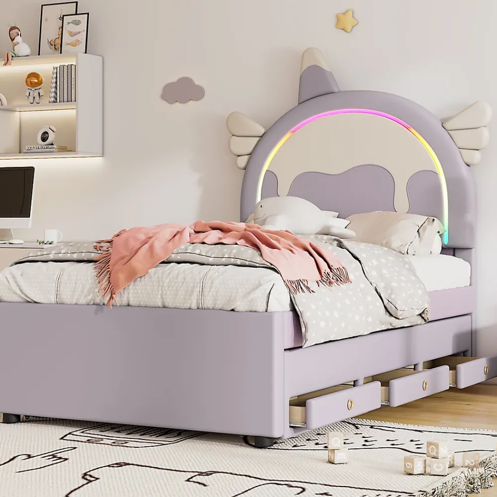 Redom Lit 90x200 cm en forme de licorne avec tête de lit en PU et tiroir gigogne, style enfant violet, MDF robuste* Lit Gigogne