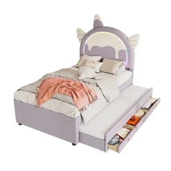 Redom Lit 90x200 cm en forme de licorne avec tête de lit en PU et tiroir gigogne, style enfant violet, MDF robuste* Lit Gigogne