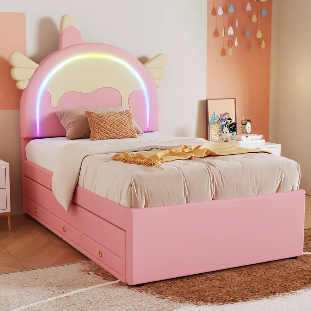 Redom Lit 90x200 cm en forme de licorne avec lit gigogne et tête de lit rembourrée en PU, style enfant rose* Lit Gigogne