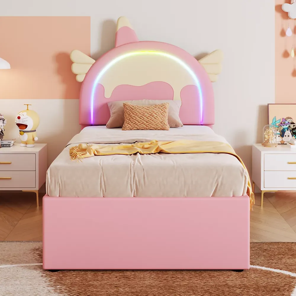 Redom Lit 90x200 cm en forme de licorne avec lit gigogne et tête de lit rembourrée en PU, style enfant rose* Lit Gigogne