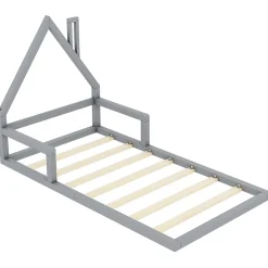 Lit 90x200 cm en forme de maison avec cadre en pin massif et MDF, design scandinave gris, sommier 7 lattes, idéal chambre enfant><noscript><img width=