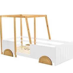 Redom Lit 90x200 cm en forme de voiture avec cadre en pin massif et barrières de protection, blanc/naturel*Enfant Lit Enfant