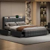 Lit 160x200 cm en lin gris avec 4 tiroirs, tête de lit LED avec prises USB intégrées, Grand rangement et design élégant>ProximaX New