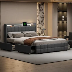 Lit 160x200 cm en lin gris avec 4 tiroirs, tête de lit LED avec prises USB intégrées, Grand rangement et design élégant>ProximaX New