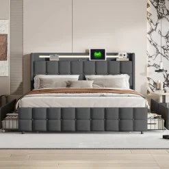 Lit 160x200 cm en lin gris avec 4 tiroirs, tête de lit LED avec prises USB intégrées, Grand rangement et design élégant>ProximaX New