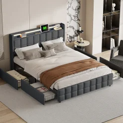 Lit 160x200 cm en lin gris avec 4 tiroirs, tête de lit LED avec prises USB intégrées, Grand rangement et design élégant><noscript><img width=