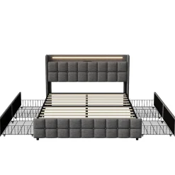 Lit 160x200 cm en lin gris avec 4 tiroirs, tête de lit LED avec prises USB intégrées, Grand rangement et design élégant><noscript><img width=