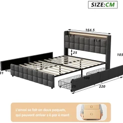Lit 160x200 cm en lin gris avec 4 tiroirs, tête de lit LED avec prises USB intégrées, Grand rangement et design élégant><noscript><img width=