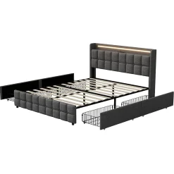 Lit 160x200 cm en lin gris avec 4 tiroirs, tête de lit LED avec prises USB intégrées, Grand rangement et design élégant><noscript><img width=