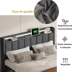 Lit 160x200 cm en lin gris avec 4 tiroirs, tête de lit LED avec prises USB intégrées, Grand rangement et design élégant><noscript><img width=