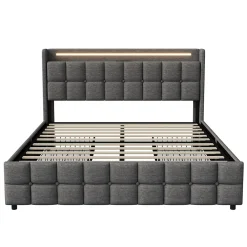 Lit 160x200 cm en lin gris avec 4 tiroirs, tête de lit LED avec prises USB intégrées, Grand rangement et design élégant><noscript><img width=