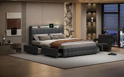 Lit 160x200 cm en lin gris avec 4 tiroirs, tête de lit LED avec prises USB intégrées, Grand rangement et design élégant><noscript><img width=