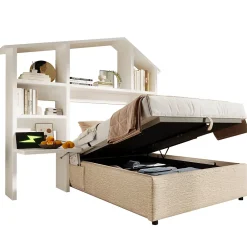 Redom Lit 90x190 cm en lin naturel avec rangement hydraulique, étagère tête de lit et ports USB-C* Lit Avec Rangement