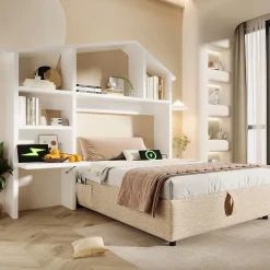 Redom Lit 90x190 cm en lin naturel avec rangement hydraulique, étagère tête de lit et ports USB-C* Lit Avec Rangement