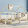 Lit 90x200 cm 2-en-1 modèle maison en pin et MDF couleur naturelle avec barrières de sécurité et toit décoratif>Redom Clearance