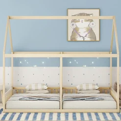 Lit 90x200 cm 2-en-1 modèle maison en pin et MDF couleur naturelle avec barrières de sécurité et toit décoratif>Redom Clearance
