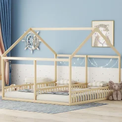 Lit 90x200 cm 2-en-1 modèle maison en pin et MDF couleur naturelle avec barrières de sécurité et toit décoratif><noscript><img width=