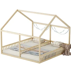Lit 90x200 cm 2-en-1 modèle maison en pin et MDF couleur naturelle avec barrières de sécurité et toit décoratif><noscript><img width=