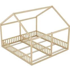 Lit 90x200 cm 2-en-1 modèle maison en pin et MDF couleur naturelle avec barrières de sécurité et toit décoratif><noscript><img width=