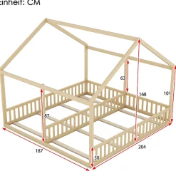 Lit 90x200 cm 2-en-1 modèle maison en pin et MDF couleur naturelle avec barrières de sécurité et toit décoratif><noscript><img width=