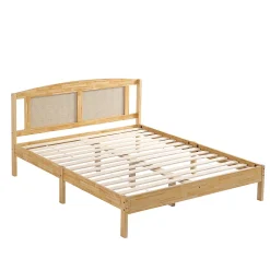 Lit 160x200 cm en pin et rotin PE avec tête de lit décorative, design naturel, 15 lattes et pieds centraux><noscript><img width=