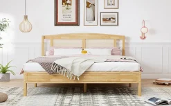 Lit 160x200 cm en pin et rotin PE avec tête de lit décorative, design naturel, 15 lattes et pieds centraux><noscript><img width=