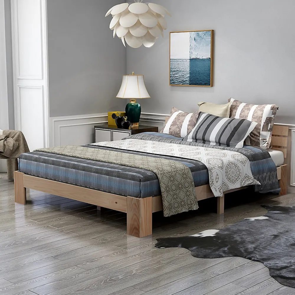 Lit 140x200 cm en pin massif avec rangement sous le lit 18 cm et tête de lit, sommier à lattes>Redom Sale