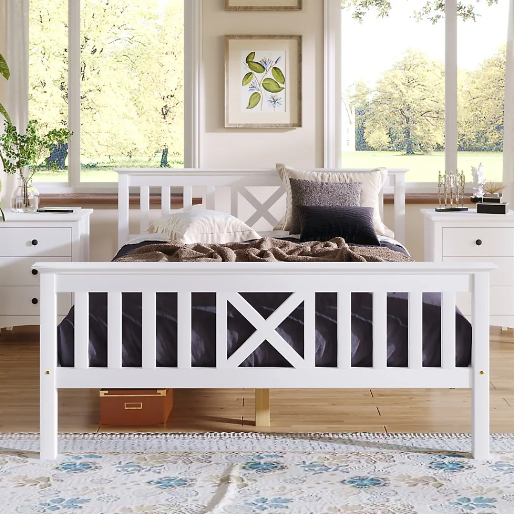 Lit 140x200 cm en pin massif blanc avec 4 tiroirs de rangement et tête de lit en X, design fonctionnel>Redom Outlet