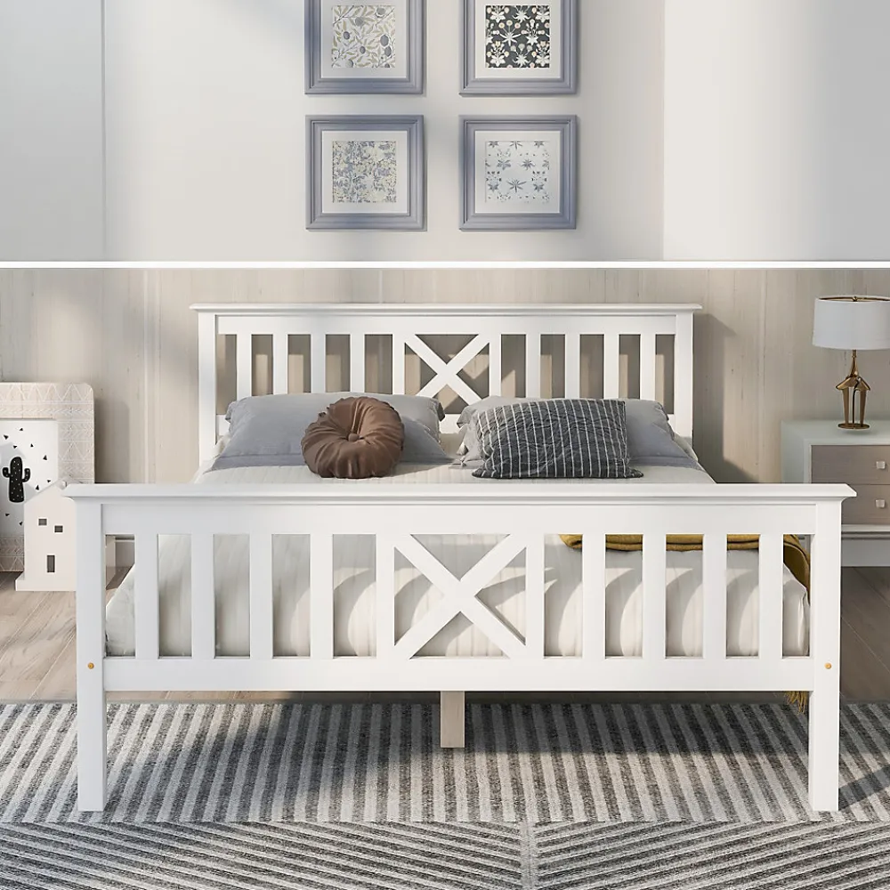Lit 140x200 cm en pin massif blanc avec 4 tiroirs de rangement et tête de lit en X, design fonctionnel>Redom Outlet
