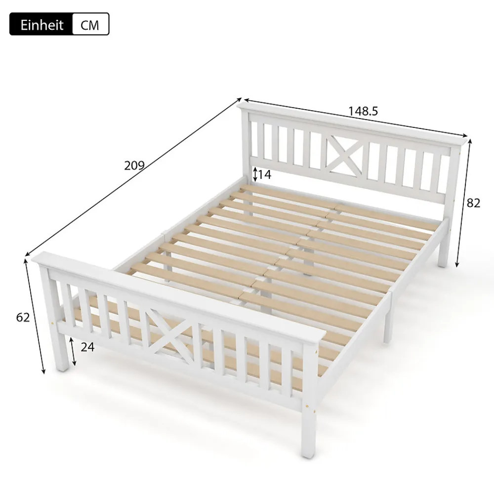 Lit 140x200 cm en pin massif blanc avec 4 tiroirs de rangement et tête de lit en X, design fonctionnel>Redom Outlet