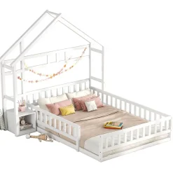 Redom Lit 140x200 cm en pin massif blanc avec tête de lit en forme de maison et table de chevet intégrée*Enfant Lit Enfant