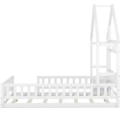 Redom Lit 140x200 cm en pin massif blanc avec tête de lit en forme de maison et table de chevet intégrée*Enfant Lit Enfant