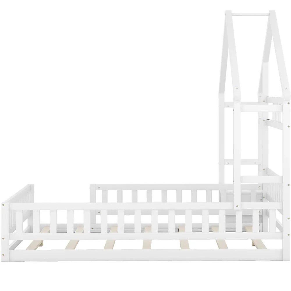 Redom Lit 140x200 cm en pin massif blanc avec tête de lit en forme de maison et table de chevet intégrée*Enfant Lit Enfant