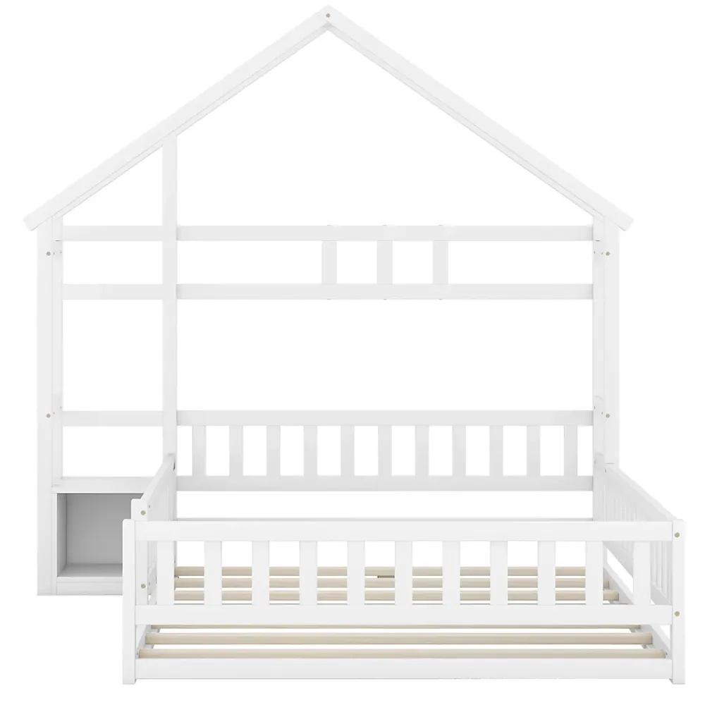 Redom Lit 140x200 cm en pin massif blanc avec tête de lit en forme de maison et table de chevet intégrée*Enfant Lit Enfant
