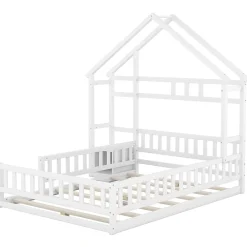 Redom Lit 140x200 cm en pin massif blanc avec tête de lit en forme de maison et table de chevet intégrée*Enfant Lit Enfant