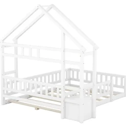 Redom Lit 140x200 cm en pin massif blanc avec tête de lit en forme de maison et table de chevet intégrée*Enfant Lit Enfant