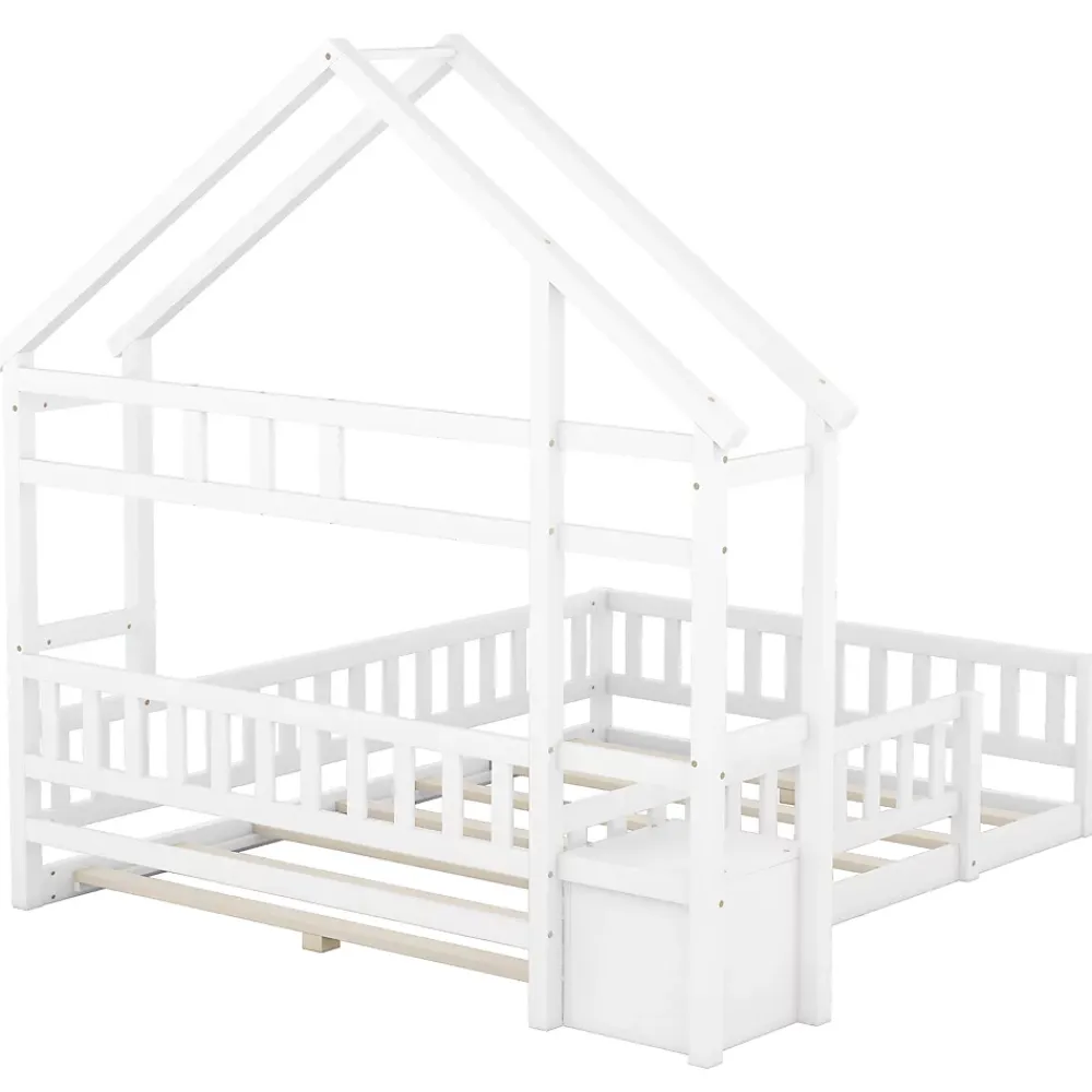 Redom Lit 140x200 cm en pin massif blanc avec tête de lit en forme de maison et table de chevet intégrée*Enfant Lit Enfant