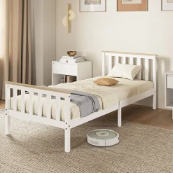 Lit 90x200 cm en pin massif blanc avec rangement sous le sommier, design naturel et silencieux><noscript><img width=