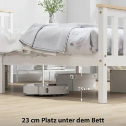 Lit 90x200 cm en pin massif blanc avec rangement sous le sommier, design naturel et silencieux><noscript><img width=