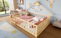 Redom Lit 140x190 cm en pin naturel avec balustrade 32 cm et serrure, style maisonnette pour enfant*Enfant Lit Enfant